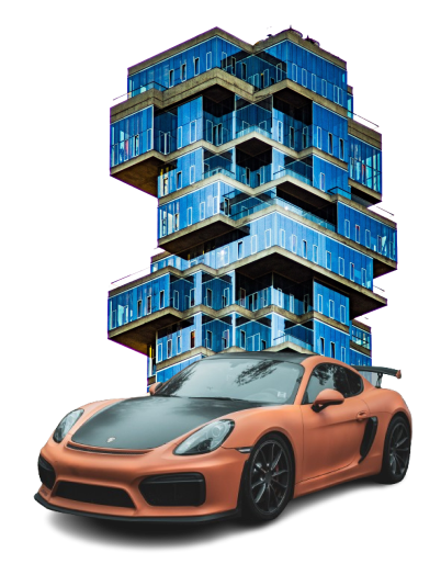 Orange sports car and apartment building.