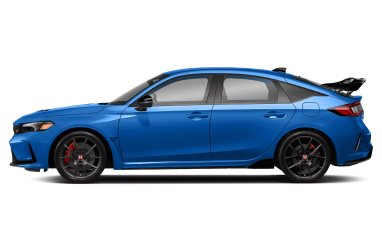 Side view of a blue performance hatchback car.