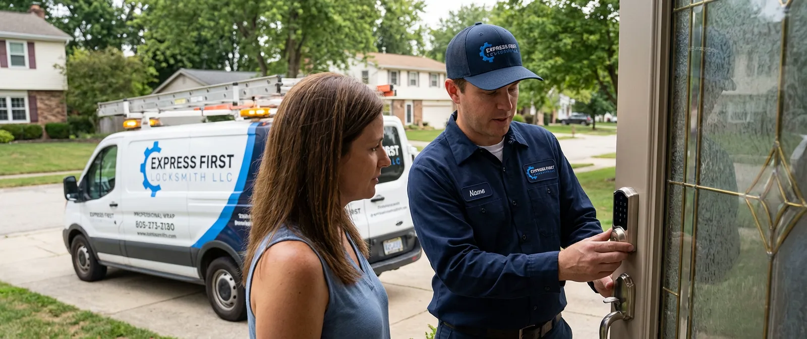Professional locksmith answering customer questions during home security consultation