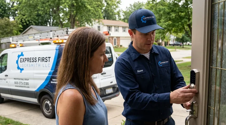 Professional locksmith answering customer questions during home security consultation